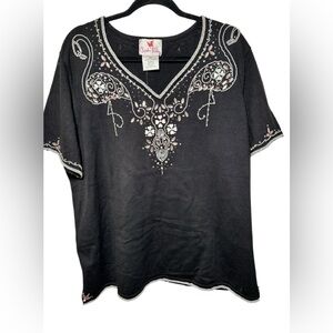 Quacker Factory Black Sequenced Flamingo Short Sleeve Sweater Size‎ 2X NWT